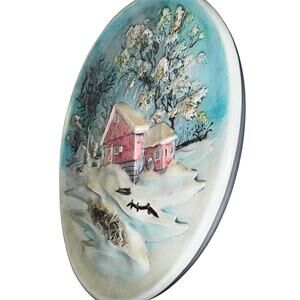 Vintage Hand-Painted Duncan Ceramic Plate – Winter Barn Scene Farmhouse Wall Art